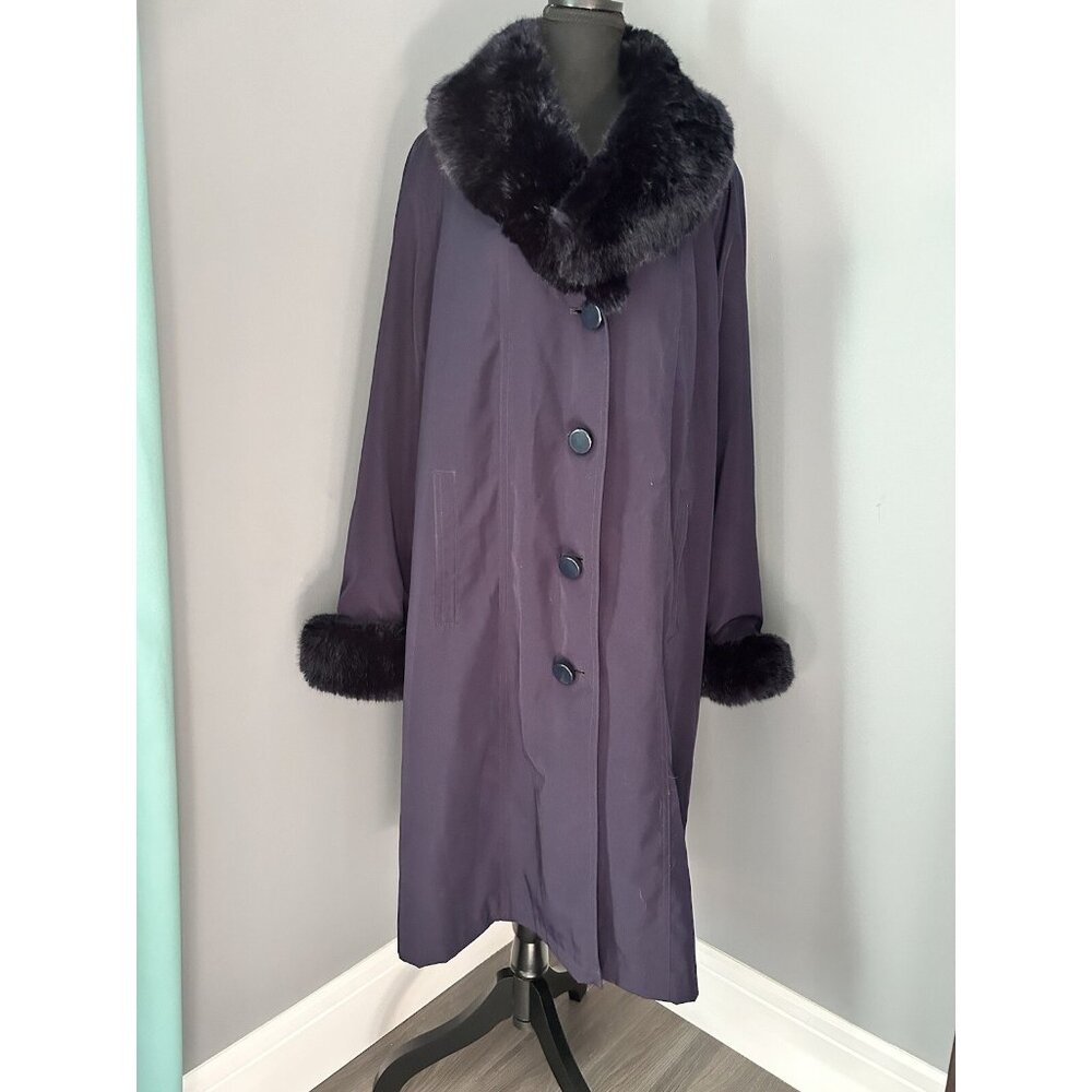 Jacques Vert Purple Plum Long Overcoat Button Up Faux Fur Trim Women’s